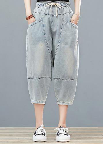 Drawstring personality pocket washed jeans plus size women's elasticated waist cropped pants