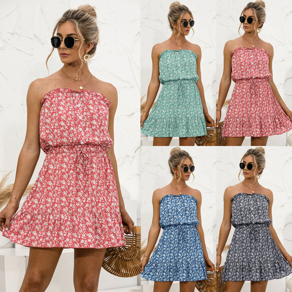 Womens Sexy Off Shoulder Printed Sundress Summer Elegant Strapless Ruffles Patchwork Female Mini Dress Ladies Short Dresses boho