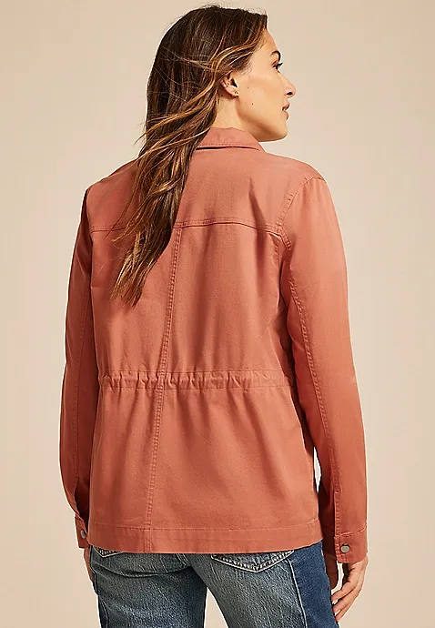 Embroidered Twill Cinched Waist Jacket