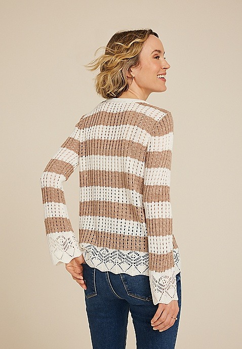 Striped Open Stitch Bell Sleeve Sweater