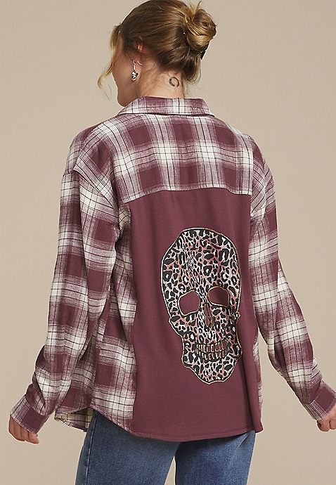 Cabin Plaid Graphic Back Leopard Skull Button Down Shirt