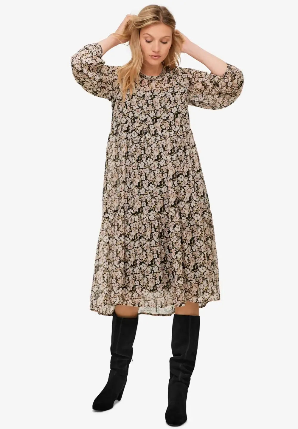 Sheer Overlay Tiered Dress