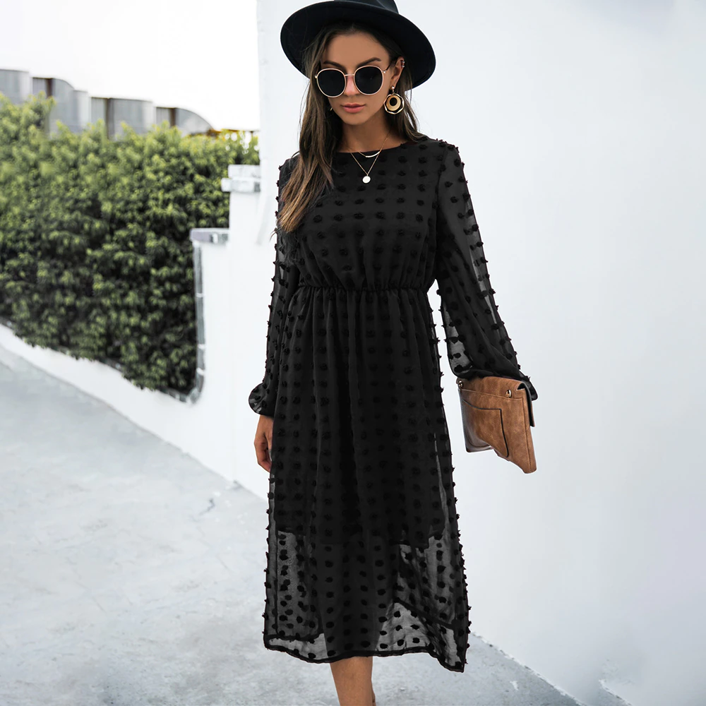 Fashion O-neck Long Sleeve Office Elegant Casual Chiffon Party Vintage Midi Dresses