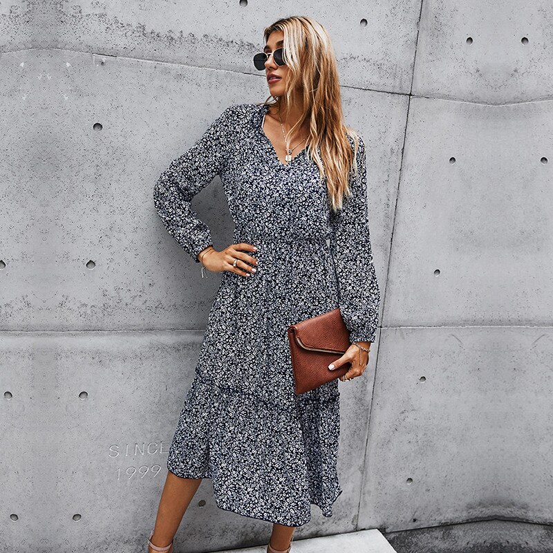 Print  Casual High Waist Full Sleeve Slim Elegant Long Dress