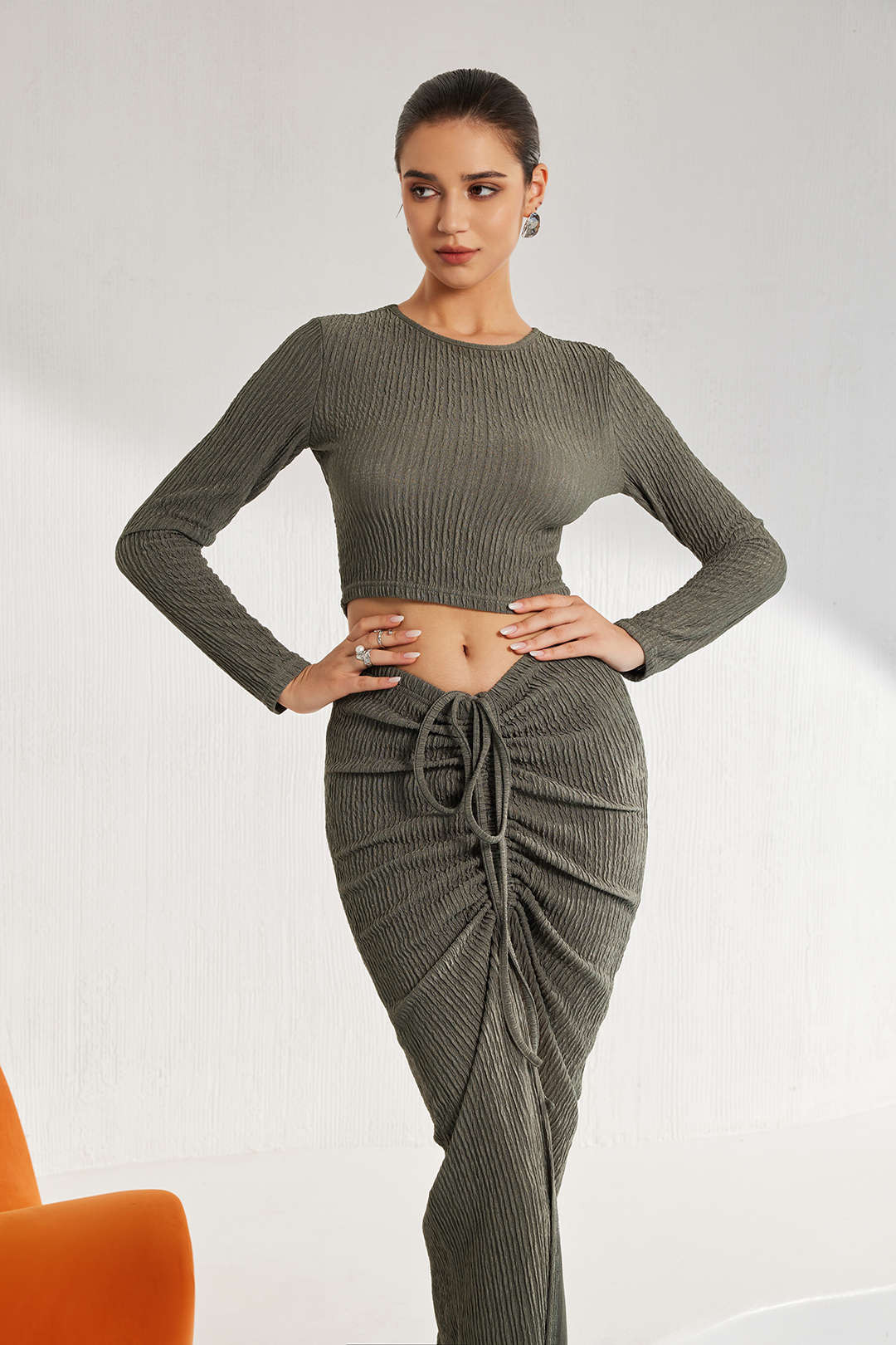 Solid Long-Sleeve Top And Drawstring Skirt Set