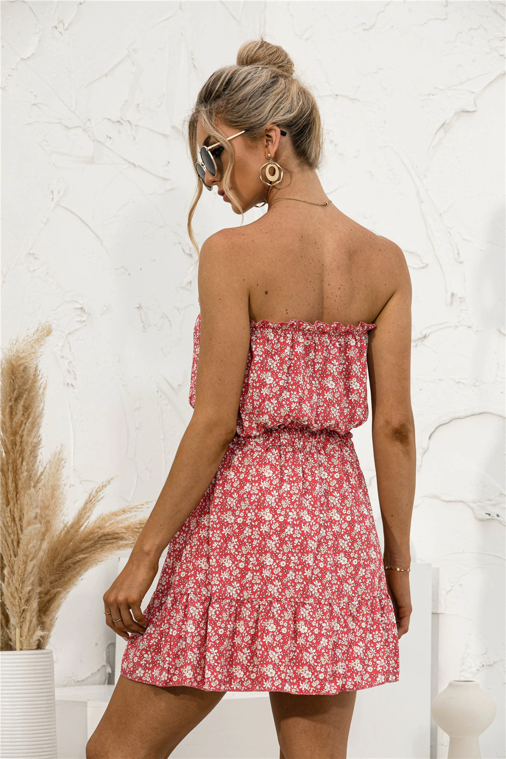 Womens Sexy Off Shoulder Printed Sundress Summer Elegant Strapless Ruffles Patchwork Female Mini Dress Ladies Short Dresses boho