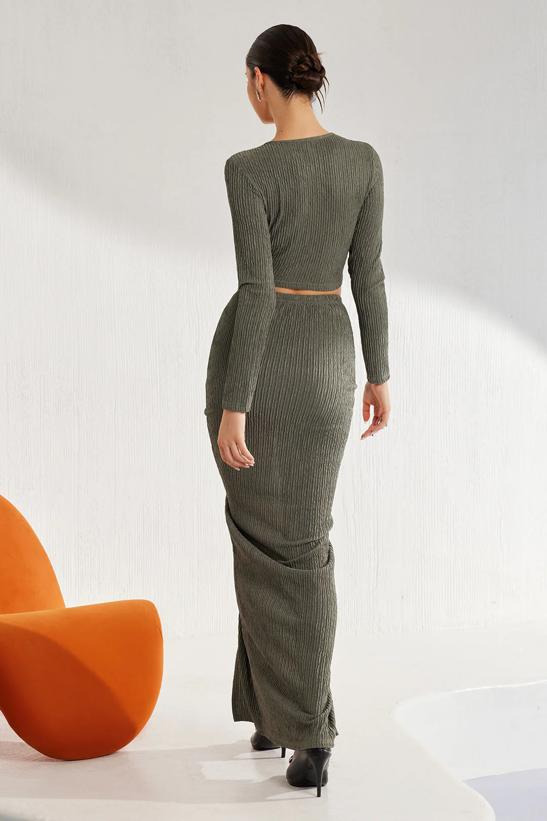 Solid Long-Sleeve Top And Drawstring Skirt Set