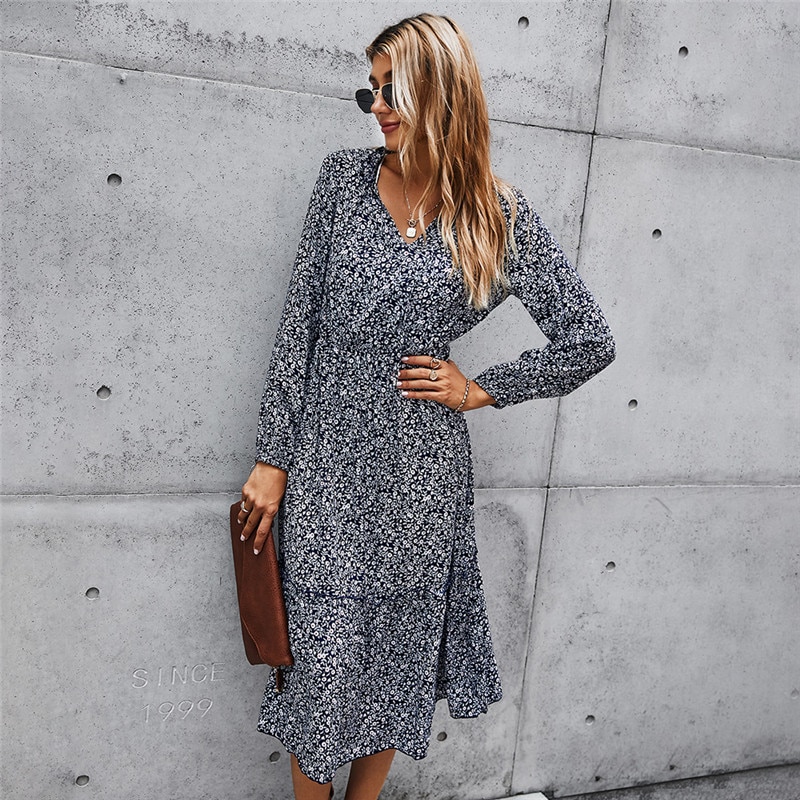 Print  Casual High Waist Full Sleeve Slim Elegant Long Dress