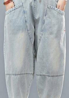 Drawstring personality pocket washed jeans plus size women's elasticated waist cropped pants