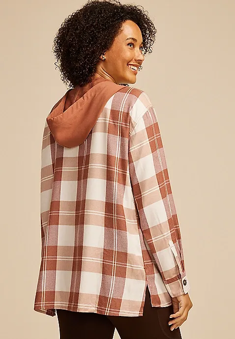 Plaid Hooded Boyfriend Button Down Shirt